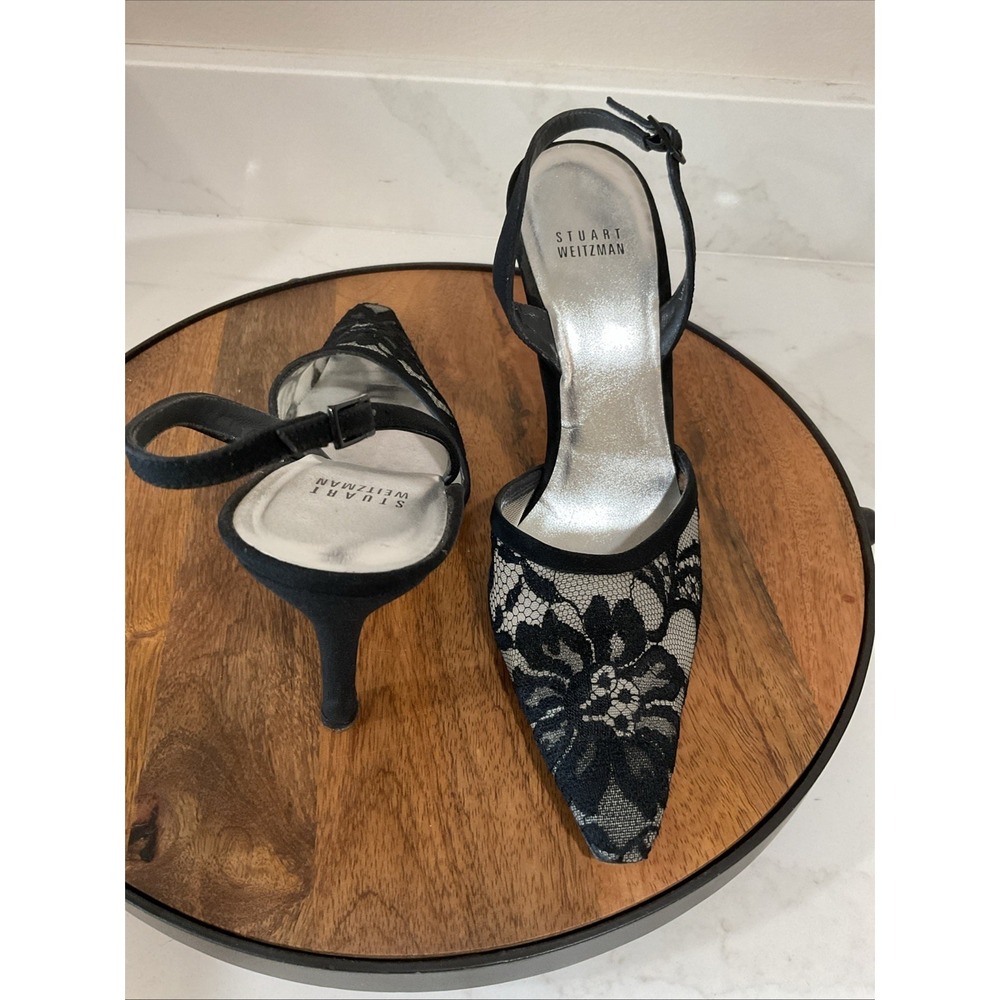 Stuart Weitzman Heels Size 8.5 B Gorgeous Dressy Black Lace Slingback Shoes
